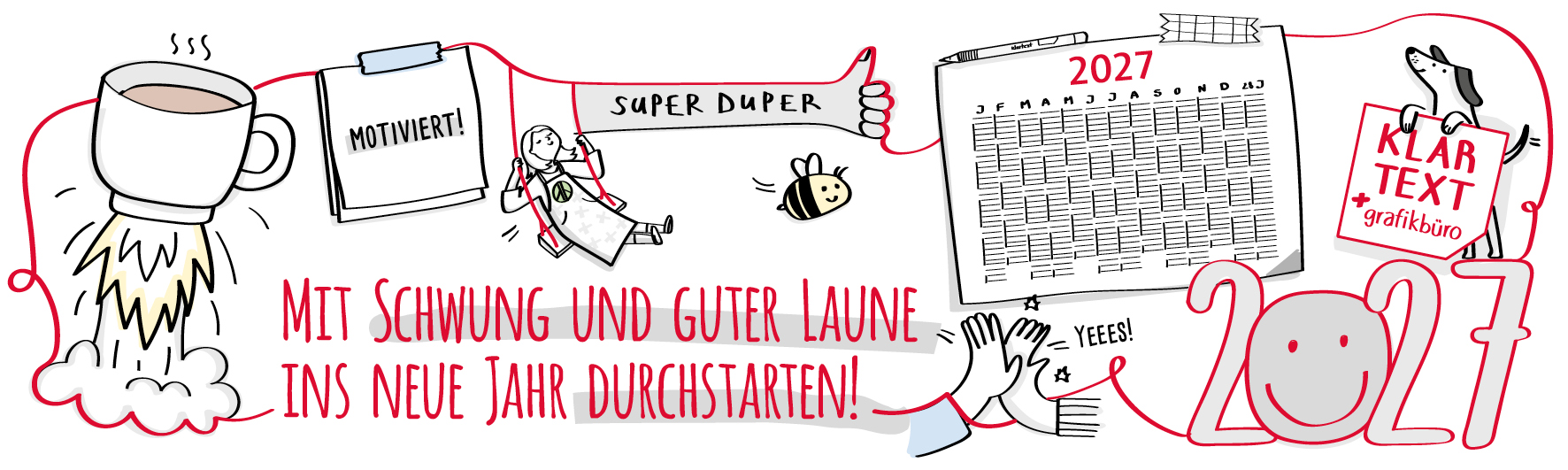 Illustration zum KLARTEXT-Kalender 2027: Mit Schwung und guter Laune ins neue Jahr durchstarten!